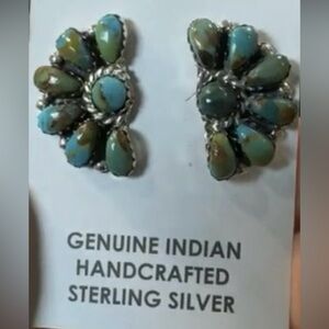 Navajo Kingman Turquoise Half Cluster Sterling Silver Earrings